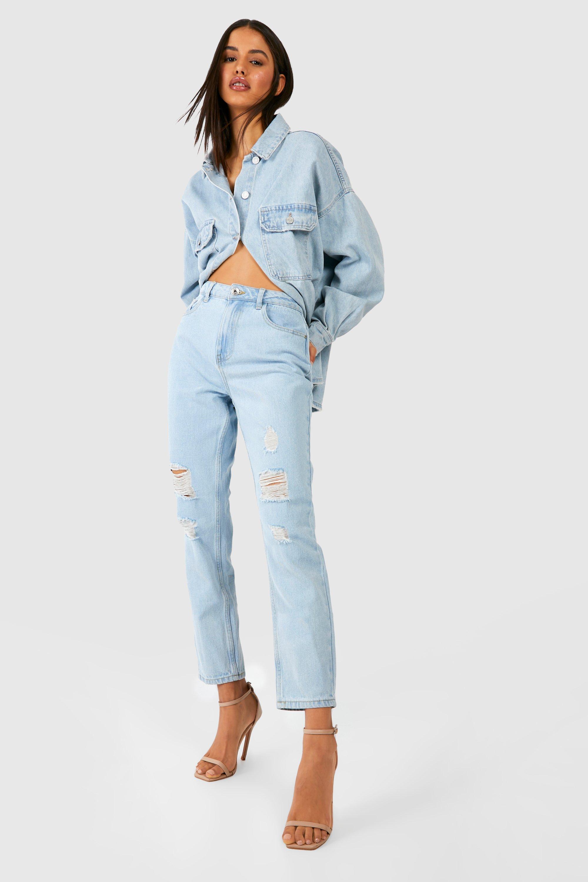 Blue distressed sales mom jeans